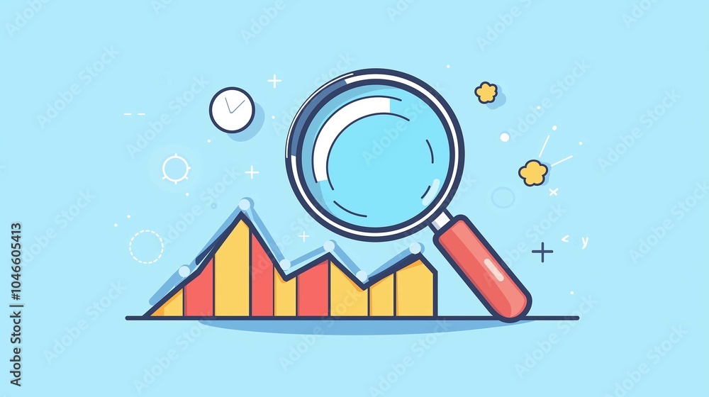 Poster clean flat design of line graph with magnifying glass