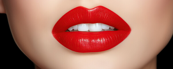 Fototapeta premium Vibrant red lipstick accentuates full lips on a woman's face against a dark background