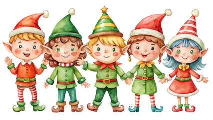 Fototapeta premium Illustration of Xmas costumes children dressed as Santa Claus and Christmas characters on transparent background for festive holiday themes.