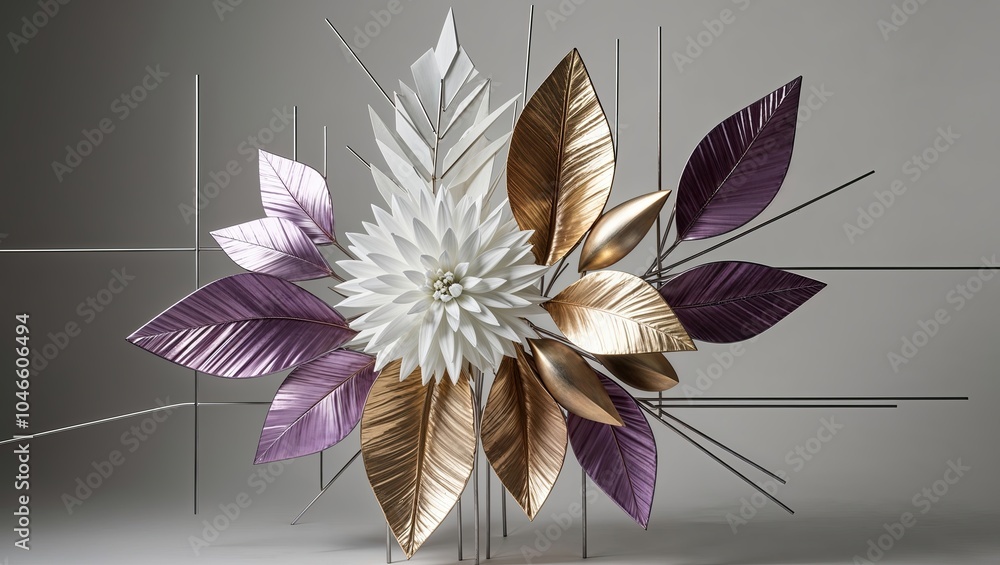 Wall mural Metallic Floral Art - Gold, White, & Purple