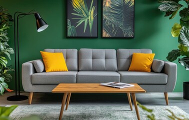 Modern living room with a grey sofa, wooden coffee table, and a black floor lamp against a green wall background