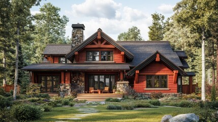 Fototapeta premium Craftsman lodge with handcrafted wood details.