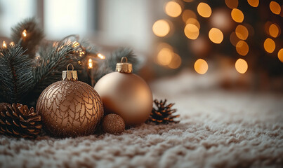Christmas background indoors, simple design, festive mood, close-up, light beige colour.