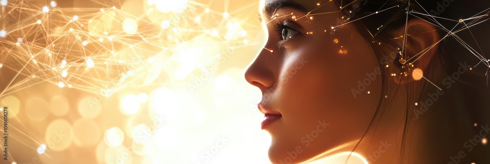 Poster a young woman gazes thoughtfully as intricate data connections create a mesmerizing backdrop overflo
