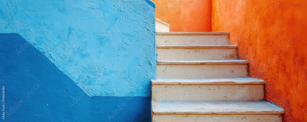 Poster close-up view of a vibrant blue and orange clay staircase with textured walls, creating a dynamic an