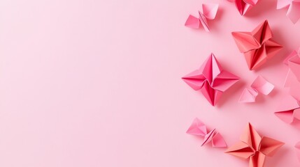 Photo of, Pink background with minimalist origami shapes for design, banner template