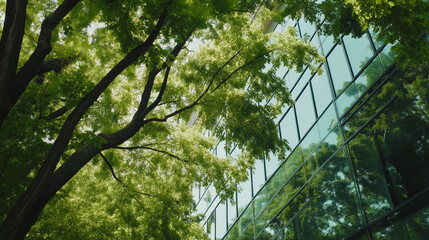 Fototapeta premium Exemplifying the ESG - Environmental, Social, Governance concept, a corporate glass building facade reflects green trees. Importance of integrating sustainability into business practice. 