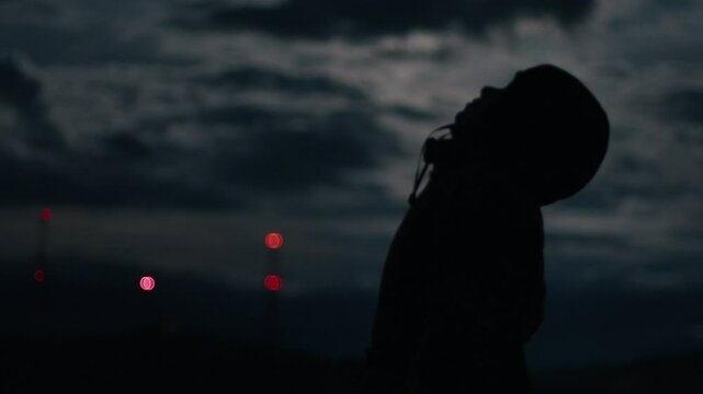 Silhouette of the person watching in the night sky