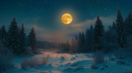 Moonlit Snowy Forest Under Starry Sky