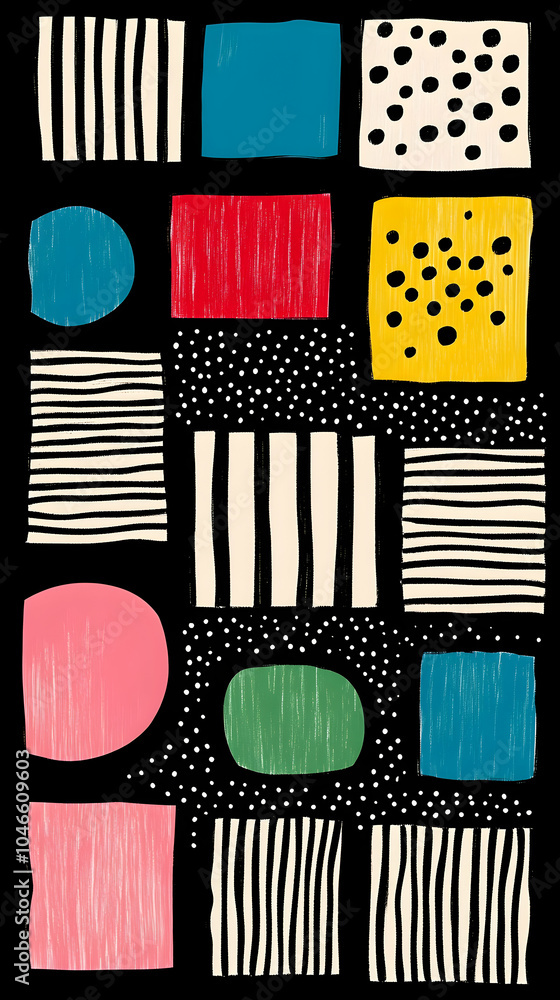 Poster abstract geometric pattern with colorful shapes and black and white stripes.