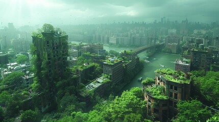 Fototapeta premium Nature takes over as greenery envelops abandoned buildings with a river running through the heart of the city, creating a tranquil yet vibrant atmosphere