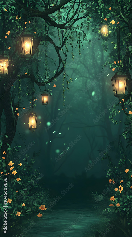 Poster a magical forest path illuminated by lanterns hanging from trees.