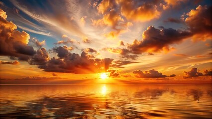 sunset landscape with orange sky, sun, clouds and depth of field