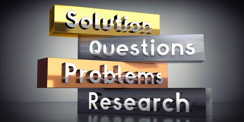 Solution, questions, problems, research - words on metal blocks - 3D illustration
