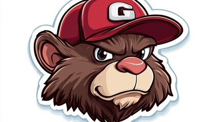 Illustration of an anthropomorphic bear wearing a red cap with a determined expression.