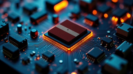 Obraz premium A microprocessor with the Latvia flag is embedded on a circuit board, highlighted by glowing lights, showcasing influence in global semiconductor and computing technology.