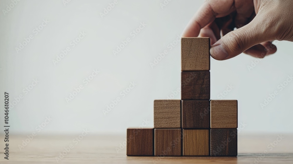 Poster a hand places a wooden block atop a small pyramid of stacked blocks on a table, showcasing creativit