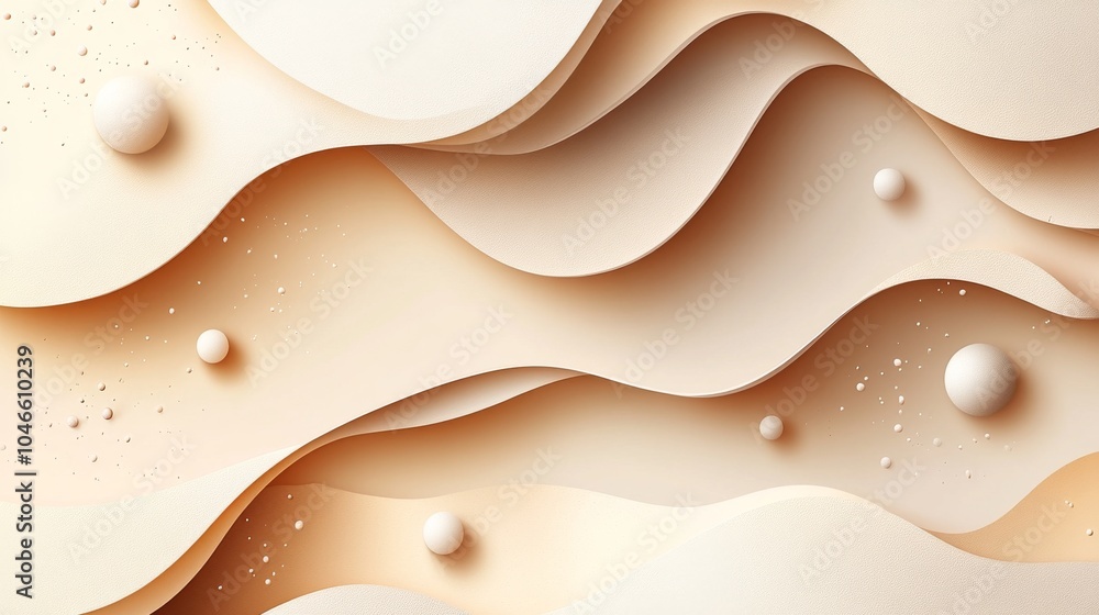 Poster Abstract beige waves with soft spheres, creating a calm and modern aesthetic.
