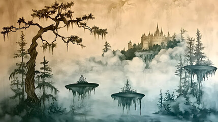A mystical, dreamlike landscape with a floating castle and trees on islands above the clouds.