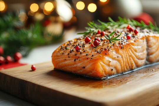 holiday food presentation, festive christmas salmon dish on wooden board in modern kitchen with holiday decorations, leaving room for greetings