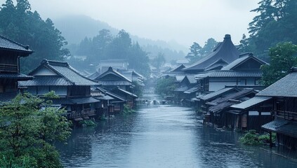 Obraz premium Traditional Japanese village with wooden houses alongside a river in a foggy atmosphere.