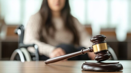A gavel rests on a table in a courtroom, with a blurred figure in a wheelchair seated in the background, symbolizing justice and accessibility in legal settings.