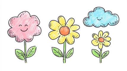 An adorable illustration of a child surrounded by flowers and fluffy clouds, capturing the essence of summer with vibrant colors and a cheerful, playful atmosphere.