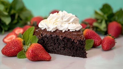 An elegant close-up of a decadent slice of chocolate cake topped with a generous swirl of whipped cream, surrounded by fresh strawberries and mint leaves. The soft focus of the background highlights