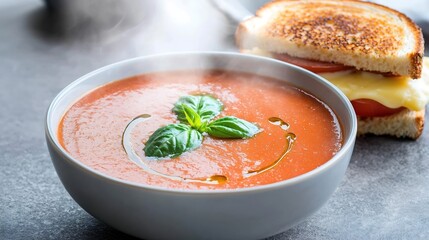 A inviting bowl of creamy tomato soup, garnished with a basil leaf and accompanied by a perfectly grilled cheese sandwich. The steam rising from the soup creates a sense of warmth and comfort, while
