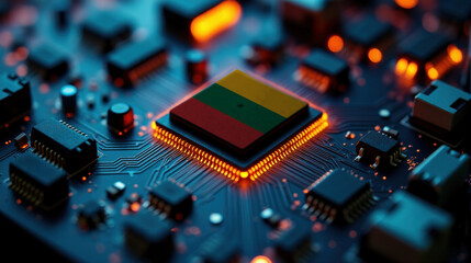 Fototapeta premium A microprocessor with the Lithuania flag is embedded on a circuit board, highlighted by glowing lights, showcasing influence in global semiconductor and computing technology.