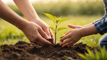 Fototapeta premium An adult and child plant a sapling together in rich soil, symbolizing environmental responsibility, care for nature, and passing on sustainability to future generations.