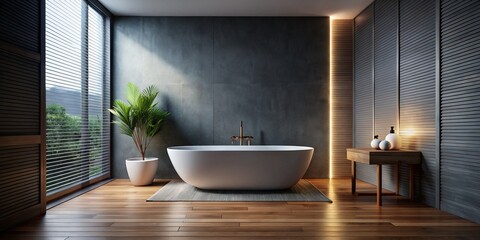 Fototapeta premium Modern Bathroom with White Bathtub, Gray Walls, Wooden Board, Silhouette Photography, Elegant Design, Cozy Atmosphere, Contemporary Style, Relaxation Space