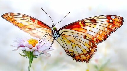A vibrant orange and brown butterfly with black stripes, perched on a pink flower with green stem.