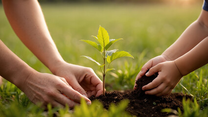 Fototapeta premium An adult and child plant a sapling together in rich soil, symbolizing environmental responsibility, care for nature, and passing on sustainability to future generations.