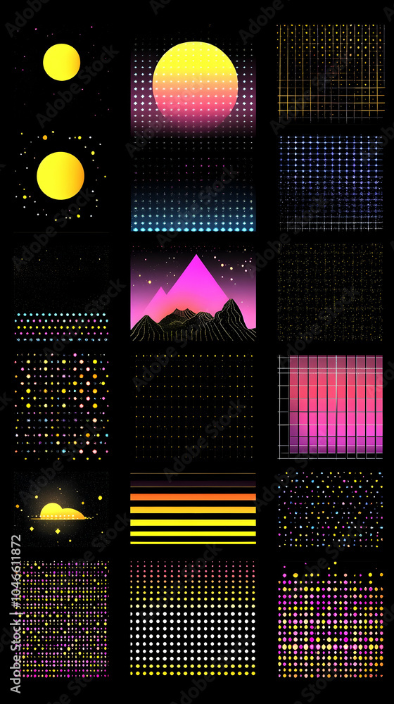 Poster a set of 16 retro-inspired patterns with neon, pixelated, and gradient elements.