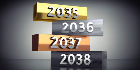 2035, 2036, 2037, 2038 - words on metal blocks - 3D illustration