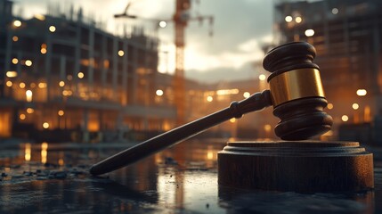 A gavel rests on a block in a construction site setting, symbolizing justice amidst urban development, with a moody, dramatic background.