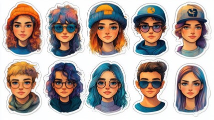 A diverse group of stylized young people with colorful hair and trendy accessories showcasing modern fashion.