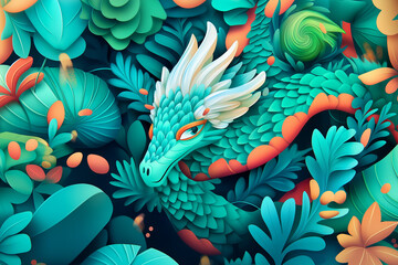 Fototapeta premium A vibrant green dragon with white accents is nestled amongst lush green foliage.