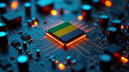 A Gabon flagged microchip is centered on a circuit board, surrounded by illuminated components, symbolizing role in semiconductor innovation and technology leadership.