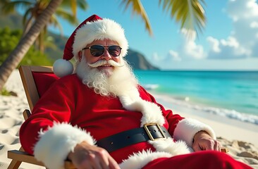 Santa Relaxing on a Tropical Beach in Summer with Sunglasses and Santa Suit