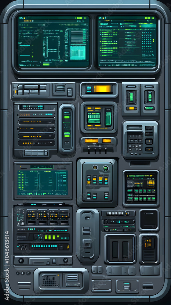 Poster futuristic interface with various digital displays and buttons.