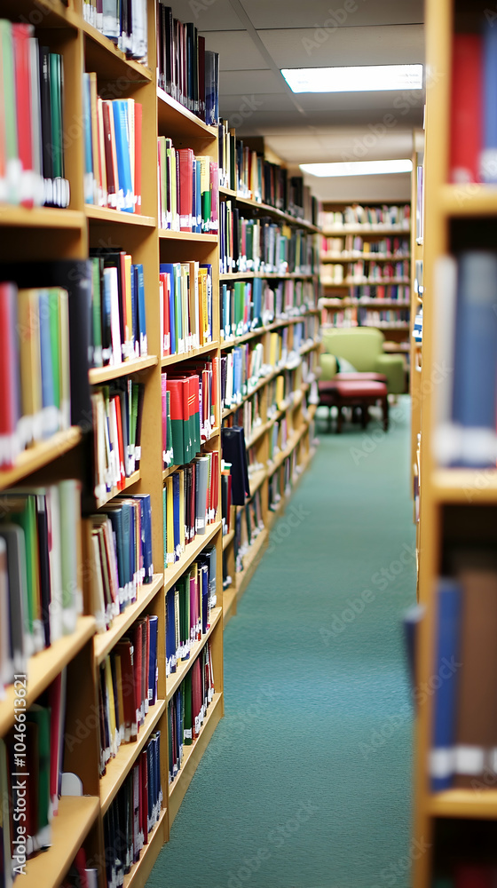 Poster a long hallway in a library with bookshelves on both sides, lined with books. a comfortable chair an