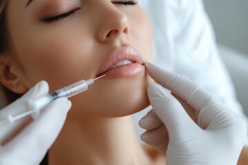 A beautiful woman receives a hyaluronic acid injection in her lips, focusing on skin rejuvenation during a clinical treatment session. Generative AI
