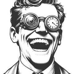 Fototapeta premium man in goggles with clock faces, symbolizing time, excitement, and a whimsical take on timekeeping sketch engraving generative ai vector illustration. Scratch board imitation. Black and white image.