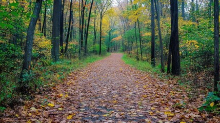 A leaf-covered path leading into a dense forest.