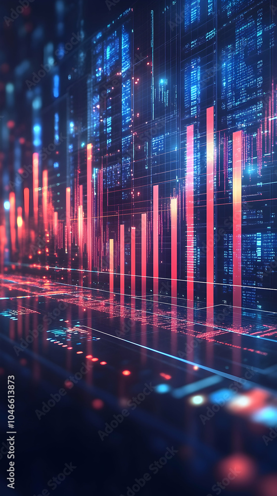 Poster abstract glowing bars and data streams on a dark background representing a futuristic digital world.
