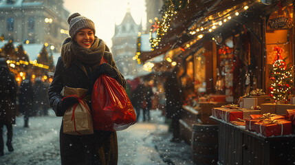 Obraz premium joyful woman in cozy winter clothing carries shopping bags while walking through festive market adorned with holiday lights and decorations. snowy atmosphere enhances cheerful mood