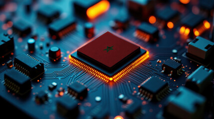 Obraz premium A microprocessor with the Morocco flag is embedded on a circuit board, highlighted by glowing lights, showcasing influence in global semiconductor and computing technology.