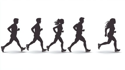 Obraz premium A dynamic silhouette sequence of male and female runners in motion, showcasing athleticism and determination.